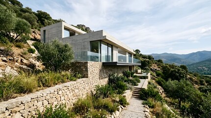 Fototapeta premium Modern Concrete House Built into Hillside Among Greenery