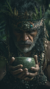 Maya Aztec civilization, Mexico culture. Mysterious, fantasy. A closeup portrait of a man, captured in a moody, atmospheric style.