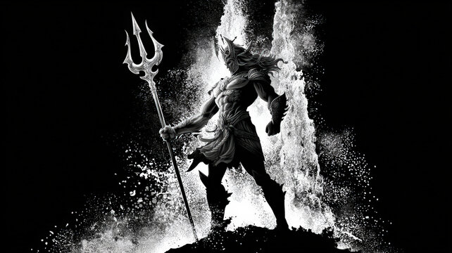 Greek mythology sea god Poseidon. Fantasy. A monochromatic, dramatic depiction of a mythical figure, likely a warrior or deity, in a dynamic pose. The figure is depicted in a side profile.