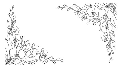 Hand drawn orchid flower corner frame vector, elegant floral line art border, botanical orchid blossom sketch for wedding invitations © Shahzad