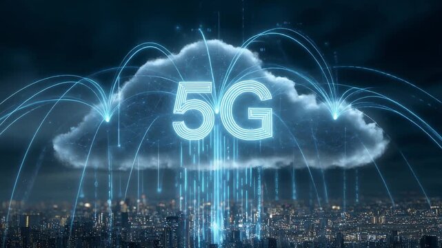 Futuristic cityscape at night with glowing 5G cloud streaming digital data technology