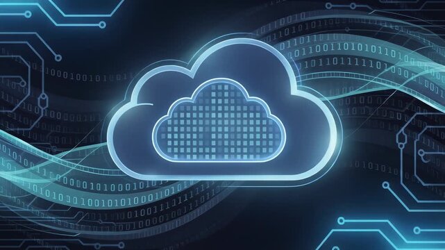 Glowing cloud icon with flowing binary code and circuit patterns symbolizing digital technology and data flow