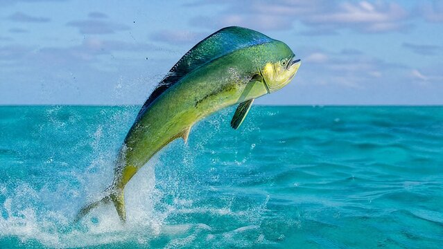 A mahi-mahi fish leaping from turquoise ocean waves, its body glistening with iridescent scales.