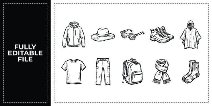 Black ink scribble winter fashion and shopping icon set featuring hand drawn doodle sketch vector illustrations of jackets and boots for apparel brand catalog promotion art.