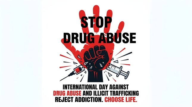 Anti-drug awareness poster featuring a giant red handprint emerging from the background, cracked syringe transforming into shattered fragments,