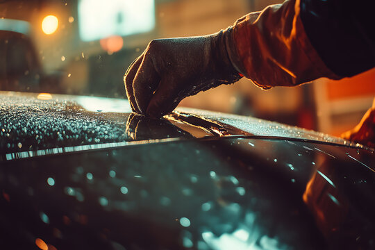 Gloved Hand Applying Dent Repair Tool on Wet Black Car Body Panel, Industrial Spotlight, Cinematic Macro Detail