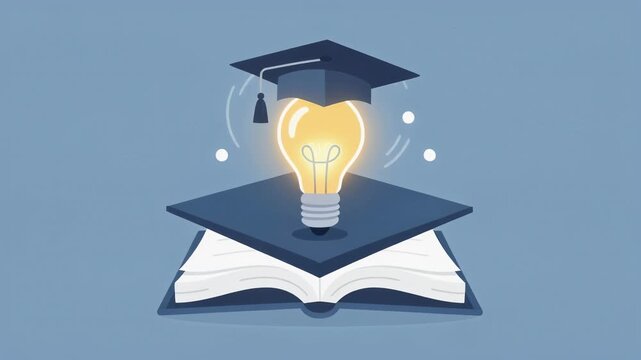 Creative education concept with glowing light bulb graduation cap above open book symbolizing knowledge and learning