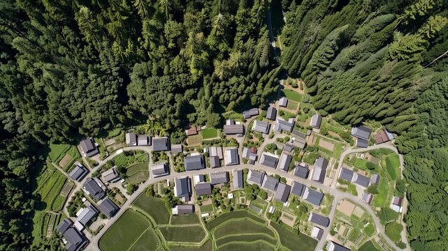 Aerial top-down view of a lush green rural Japanese town surrounded by forest and rice fields, slow drone flyover