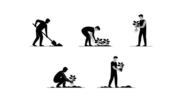 Four people planting flowers and holding plants in a garden setting Vector