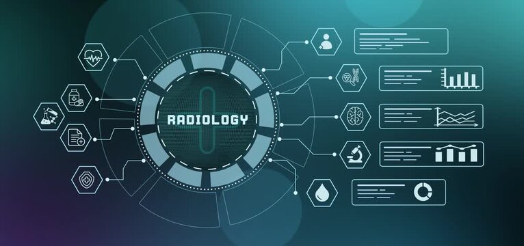 Futuristic radiology workstation readout showing digital imaging diagnostics interface panel with circular metric graphs.