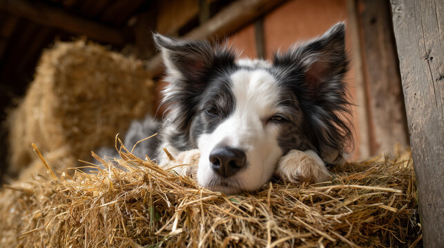 Ai Dog resting on hay inside a barn during the day with soft light filtering through the structure