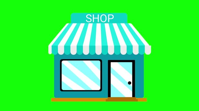 A blue storefront shop icon animation on a green screen background.