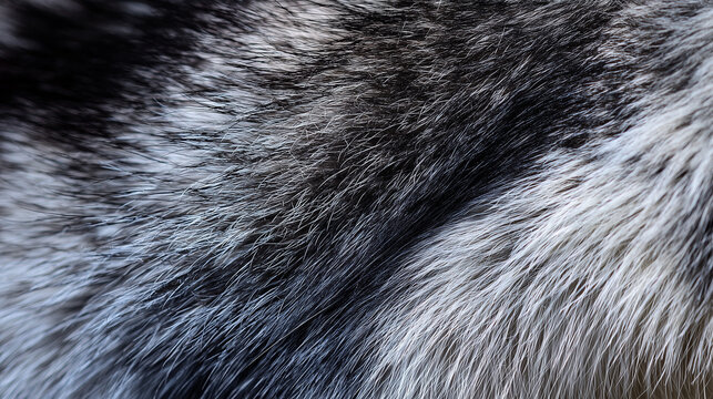 Ai Fur texture of a wolf close-up shows black and grey strands in natural light