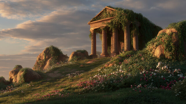 Lost civilization. Fantasy. A vivid portrayal of a serene landscape at sunset. The main subject is a grand, ornate temple with multiple columns and a pediment, covered in lush green ivy.