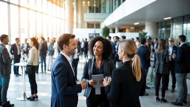 A diverse group of professionals networking and engaging in conversation at a modern corporate event in a bright, spacious venue.