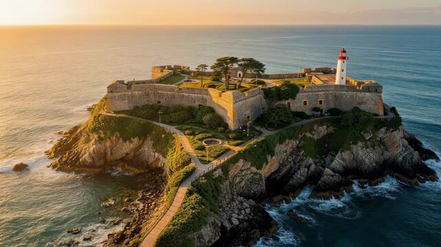 Historic fortress with lighthouse on rocky island surrounded by calm ocean at sunset