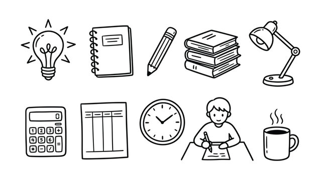 Back to School Essentials: A collection of hand-drawn icons representing study, learning, and hard work, including a lightbulb, notebook, pencil, books, desk lamp, calculator, timetable, clock.
