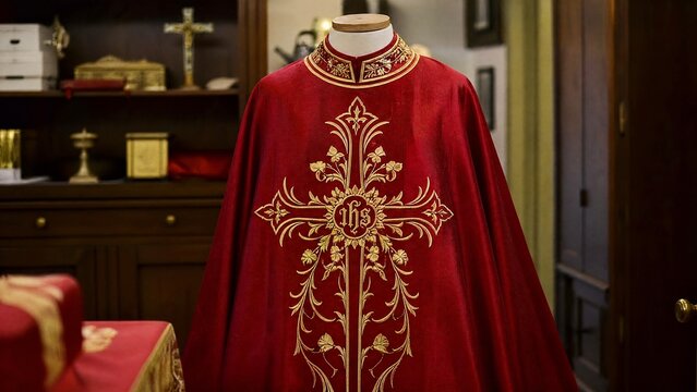 A deep red silk vestment with gold embroidery in a quiet church room.