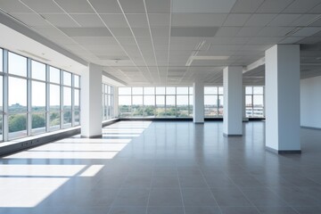 Naklejka premium Expansive vacant commercial interior featuring natural light streaming through floor to ceiling windows