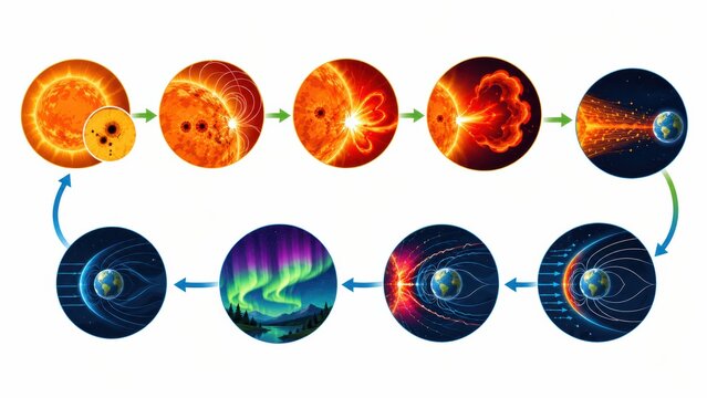 Diagram illustrating the process of solar storm formation, ejection of solar particles, interaction with Earth's magnetic field, and resulting auroras.