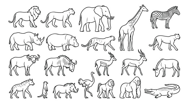 African safari animals line art collection, 21 wild savanna animal vector icons, minimalist black and white wildlife illustrations for coloring