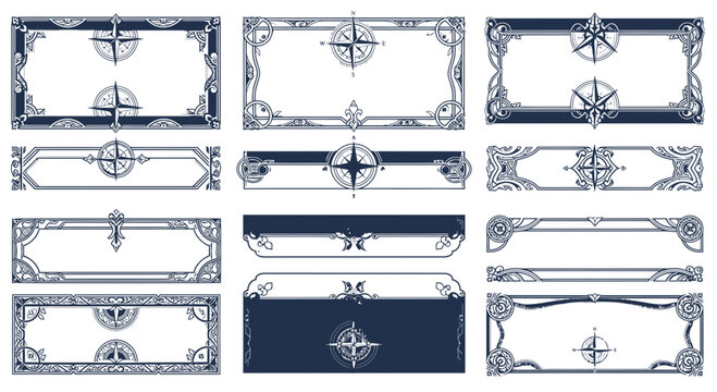 Ornate Nautical Borders and Frames with Compass Rose Illustrations