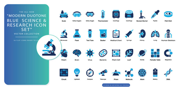 Elite premium duotone blue science and research icon compendium featuring 36 expertly detailed vector symbols including microscope, atom, laboratory equipment and innovation elements