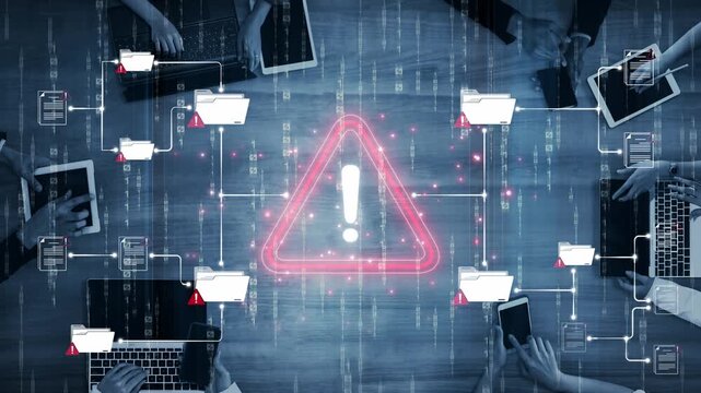 Digital cybersecurity warning concept with a red alert symbol in a high-tech environment surrounded by devices and data connections Sigmoid