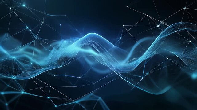 Glowing blue waveforms with connected nodes flowing smoothly in mesmerizing digital motion