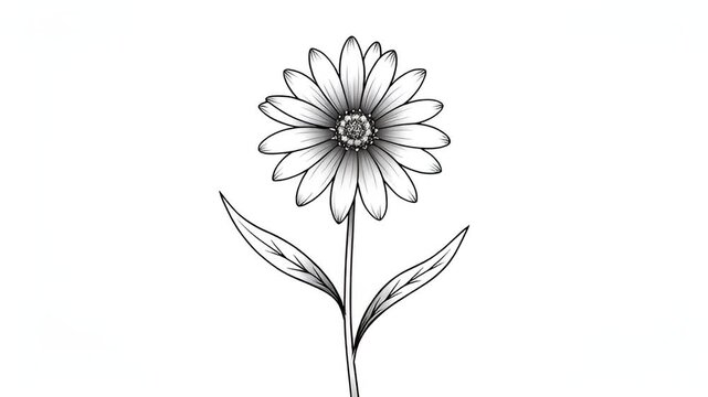 Time-lapse of a flower blooming, from bud to full blossom, in black and white sketch style.