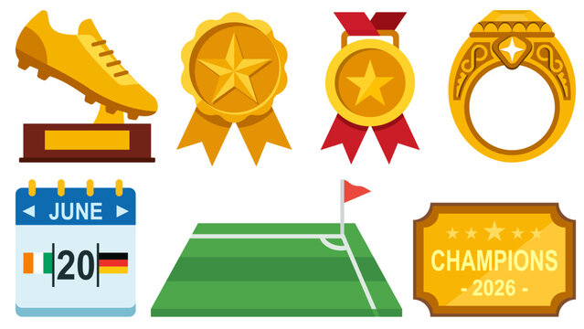 Football championship award vector icon set with golden boot, medal, ring and tournament calendar.