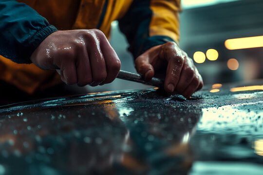 Bare Hands Using Dent Repair Rod on Wet Dark Car Body Panel, Cinematic Blue Teal Garage Light, Macro Close-Up