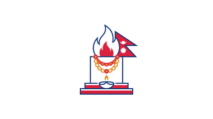 Fototapeta premium Traditional Nepali Puja Altar with Sacred Fire and Prayer Flag