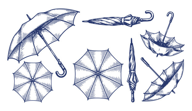Umbrella vector illustration set featuring various open and closed styles in a classic vintage sketch design