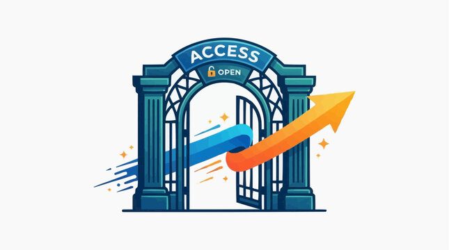 An open gate with an upward arrow symbolizing access and growth
