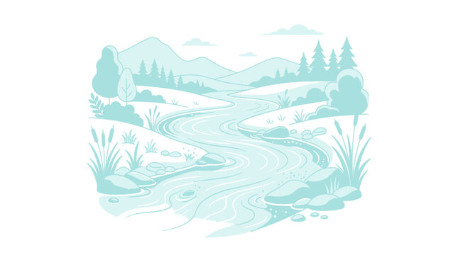 Serene River flowing through a picturesque landscape with rolling hills and trees