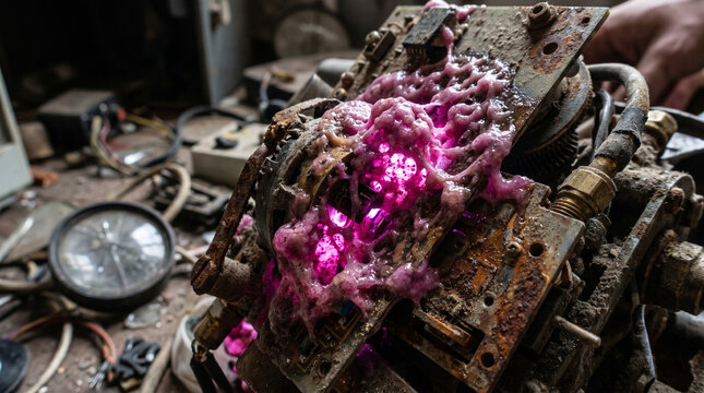 Macro Wet Magenta Biofluorescent Fungal Growth On Ancient Mechanical Greebles