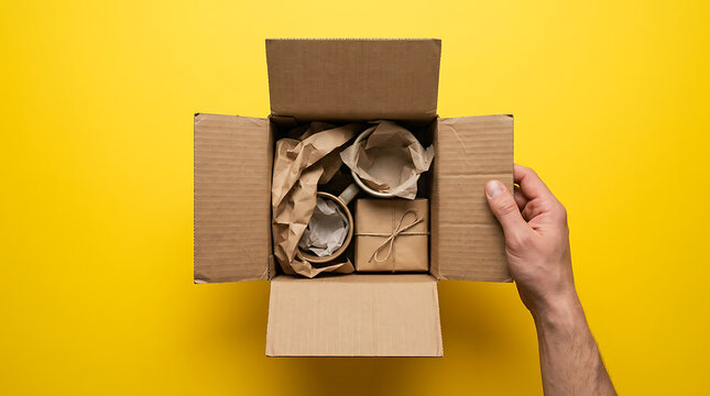 A hand opening cardboard box with crumpled paper and cans inside on yellow background