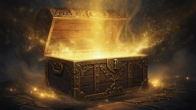 Mystical wooden treasure chest with intricate gold details slowly opening revealing glowing fireflies