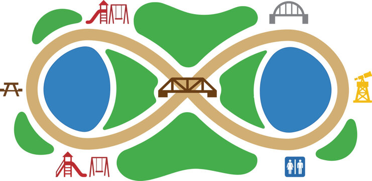 Park map depicts a continuous figure eight loop connecting lakes, bridges, playgrounds, and picnic areas.