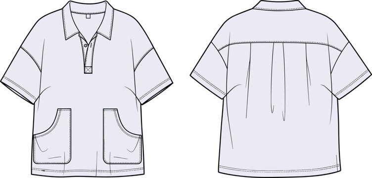 Short sleeve shirt technical sketch, patch pockets, pleated back yoke, relaxed hem design, fashion CAD illustration, garment template, cad drawing flat vector