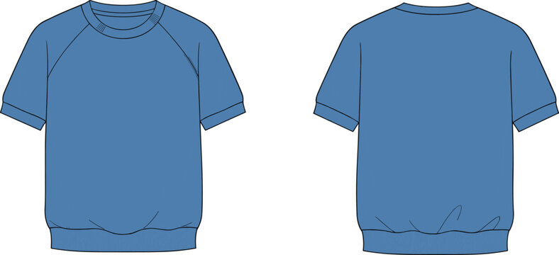 Short sleeve sweatshirt front and back flat sketch, raglan sleeve crew neckline ribbed cuff hem detail, cad drawing flat vector illustration template