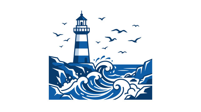 Coastal Lighthouse Beacon Amidst Crashing Waves and Flying Seabirds Illustration