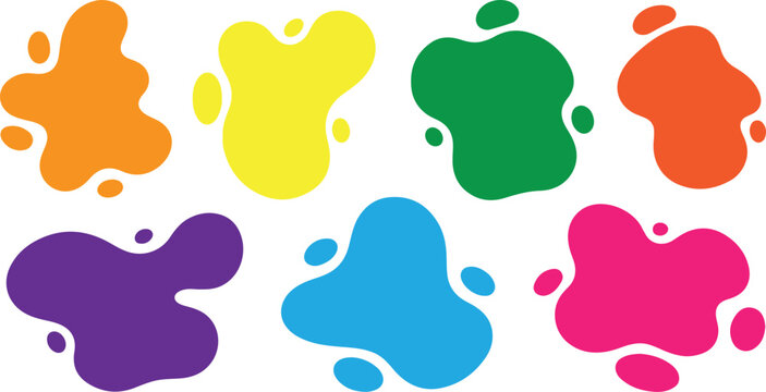 A collection of vibrant, colorful abstract organic liquid blob shapes and paint splats on a solid white background.