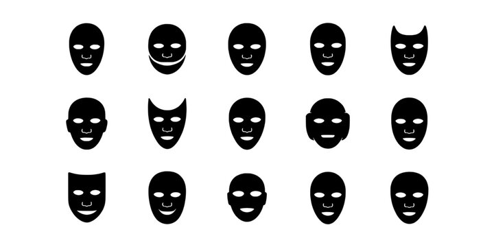 Masks Facial Icons Set with Smiling and Angry Expressions, Vector Style for Emoticons, Reactions, and Halloween Mood
