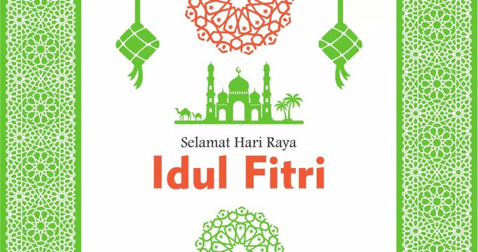 Animated text greeting 'selamat hari raya idul fitri' with Islamic decoration typical of the Middle East.