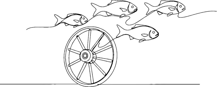 Illustration of Wooden Wagon Wheel With Fish Swimming Around.