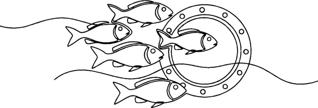School of Fish Swimming Around Porthole Illustration Design.