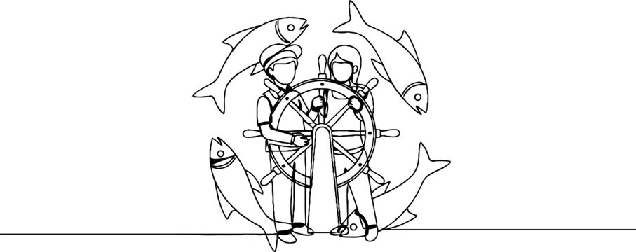 Vintage Maritime Illustration with Sailors and Fish Symbols.