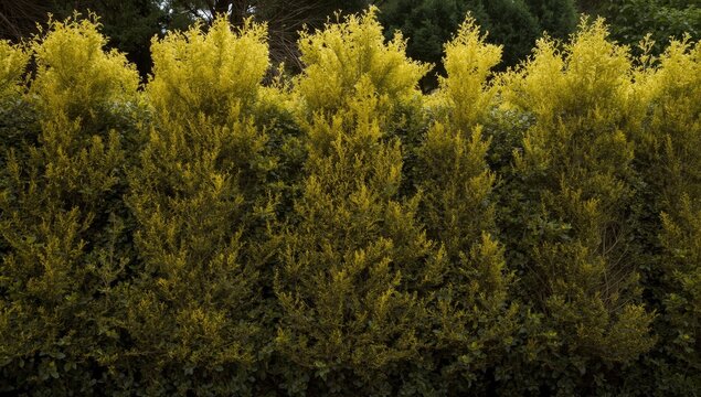 Shaped golden privet bushes creating neat hedge
